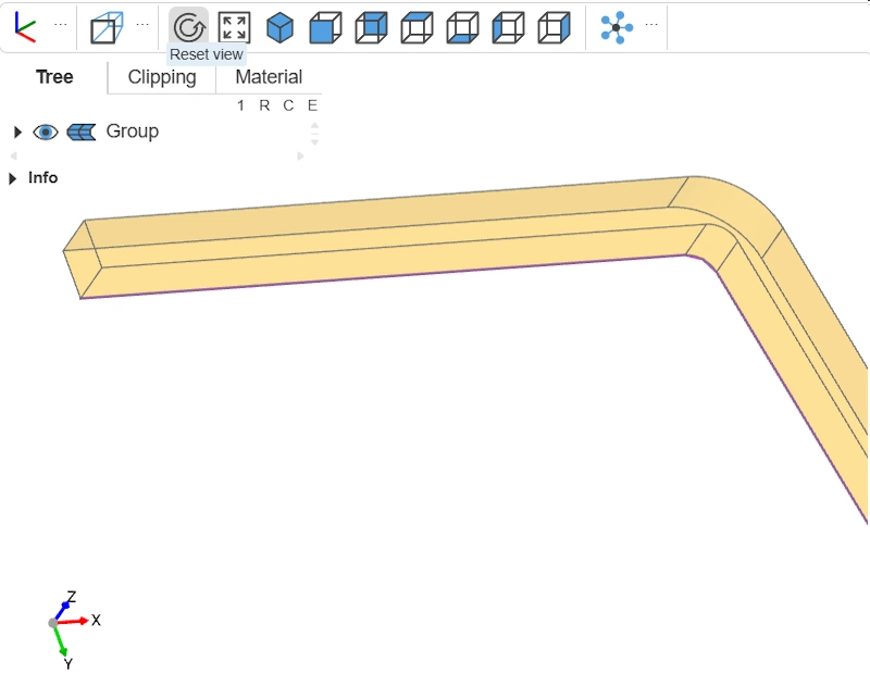 vue par zoom, par-dessous, du path en violet, support du balayage et de la forme 3D générée