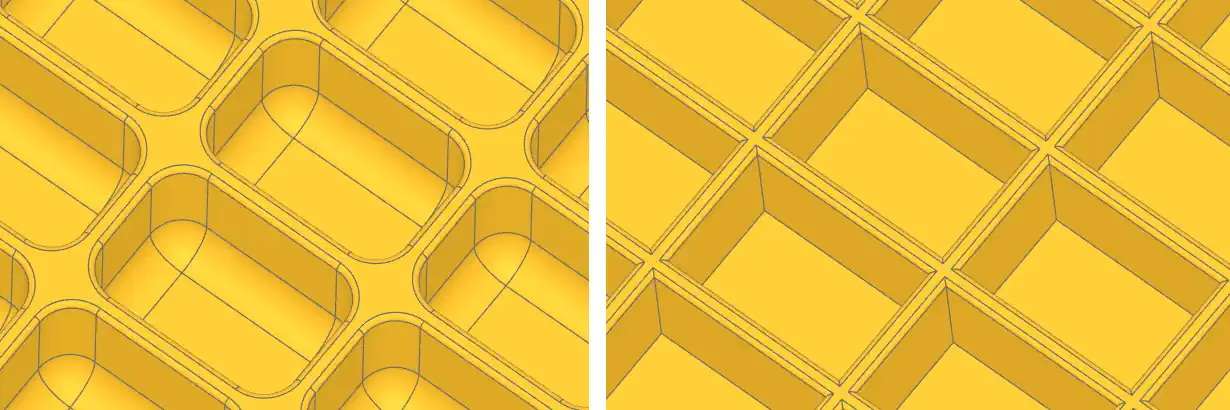 à gauche avec filet dans les compartiments, à droite sans filet. Vue dans OCP CAD Viewer