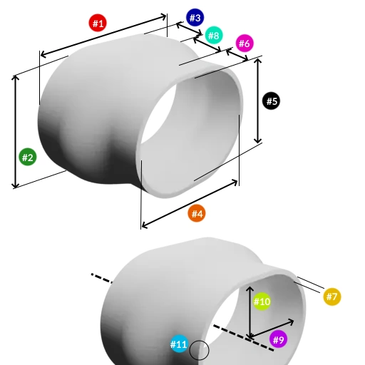 illustration of the parameters oval duct transition fitting / hose-shaped reducer